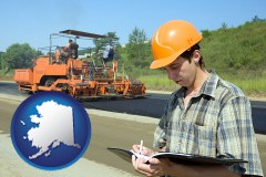 alaska map icon and a civil engineer inspecting a road building project