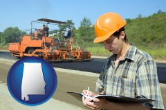 alabama map icon and a civil engineer inspecting a road building project