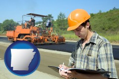arkansas map icon and a civil engineer inspecting a road building project