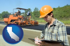 california map icon and a civil engineer inspecting a road building project