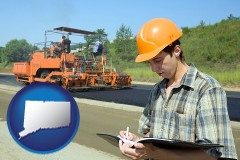 connecticut map icon and a civil engineer inspecting a road building project