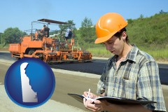 delaware map icon and a civil engineer inspecting a road building project