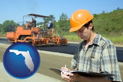 florida map icon and a civil engineer inspecting a road building project