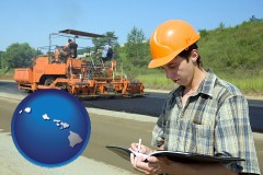 hawaii map icon and a civil engineer inspecting a road building project