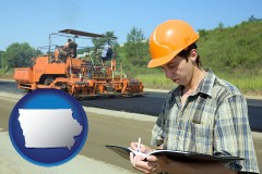 iowa map icon and a civil engineer inspecting a road building project