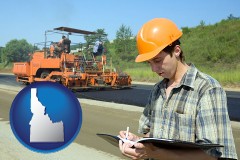 idaho map icon and a civil engineer inspecting a road building project