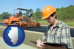illinois map icon and a civil engineer inspecting a road building project