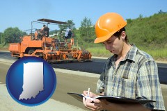 indiana map icon and a civil engineer inspecting a road building project