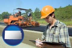 kansas map icon and a civil engineer inspecting a road building project