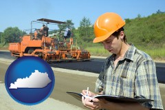 kentucky map icon and a civil engineer inspecting a road building project