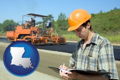 louisiana map icon and a civil engineer inspecting a road building project