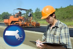 massachusetts map icon and a civil engineer inspecting a road building project