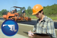 maryland map icon and a civil engineer inspecting a road building project