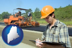 maine map icon and a civil engineer inspecting a road building project