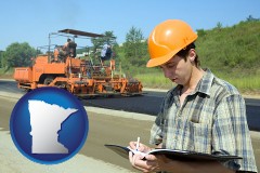 minnesota map icon and a civil engineer inspecting a road building project