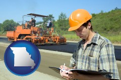 missouri map icon and a civil engineer inspecting a road building project