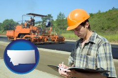 montana map icon and a civil engineer inspecting a road building project