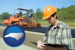 north-carolina map icon and a civil engineer inspecting a road building project