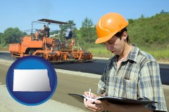 north-dakota map icon and a civil engineer inspecting a road building project