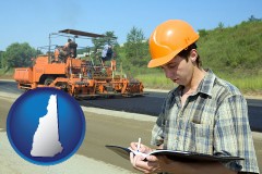 new-hampshire map icon and a civil engineer inspecting a road building project
