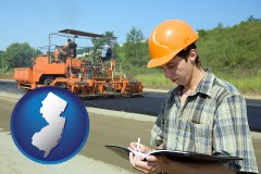 new-jersey map icon and a civil engineer inspecting a road building project
