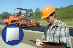 new-mexico map icon and a civil engineer inspecting a road building project