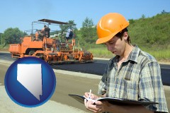 nevada map icon and a civil engineer inspecting a road building project