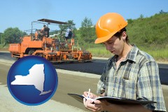 new-york map icon and a civil engineer inspecting a road building project