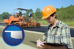 oklahoma map icon and a civil engineer inspecting a road building project