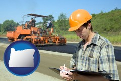 oregon map icon and a civil engineer inspecting a road building project