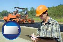 pennsylvania map icon and a civil engineer inspecting a road building project