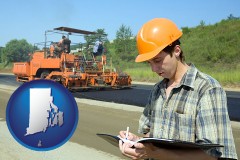 rhode-island map icon and a civil engineer inspecting a road building project