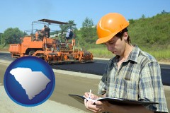 south-carolina map icon and a civil engineer inspecting a road building project