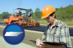 tennessee map icon and a civil engineer inspecting a road building project
