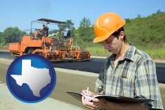 texas map icon and a civil engineer inspecting a road building project