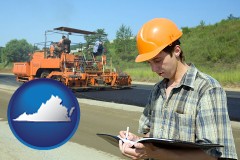 virginia map icon and a civil engineer inspecting a road building project