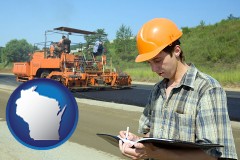 wisconsin map icon and a civil engineer inspecting a road building project