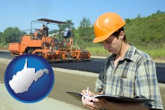 west-virginia map icon and a civil engineer inspecting a road building project