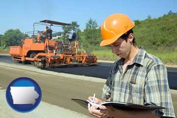 a civil engineer inspecting a road building project - with Iowa icon