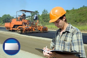 a civil engineer inspecting a road building project - with Kansas icon
