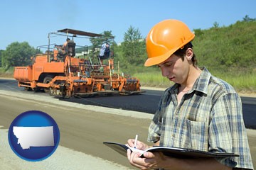 a civil engineer inspecting a road building project - with Montana icon