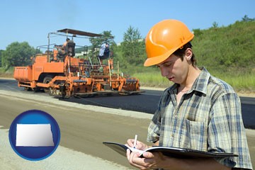 a civil engineer inspecting a road building project - with North Dakota icon
