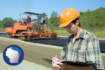 a civil engineer inspecting a road building project - with Wisconsin icon