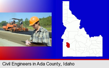 a civil engineer inspecting a road building project; Ada County highlighted in red on a map