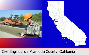 a civil engineer inspecting a road building project; Alameda County highlighted in red on a map