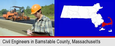 a civil engineer inspecting a road building project; Barnstable County highlighted in red on a map