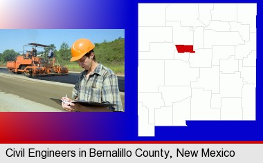 a civil engineer inspecting a road building project; Bernalillo County highlighted in red on a map