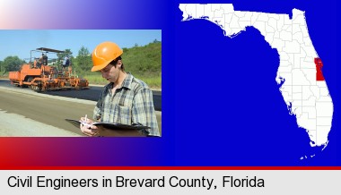 a civil engineer inspecting a road building project; Brevard County highlighted in red on a map