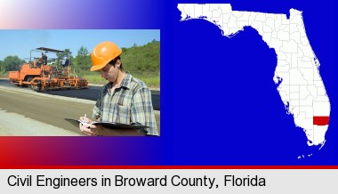 a civil engineer inspecting a road building project; Broward County highlighted in red on a map