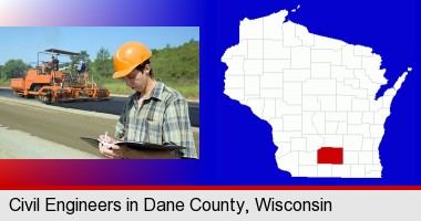 a civil engineer inspecting a road building project; Dane County highlighted in red on a map